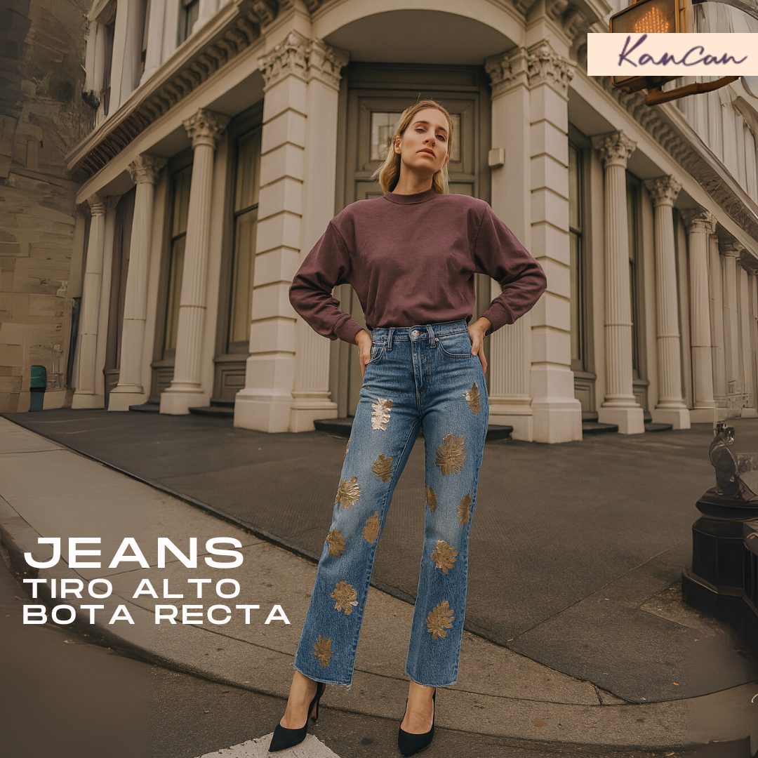 JEANS EUNINA DE TIRO ALTO ESTAMPADO HOJAS