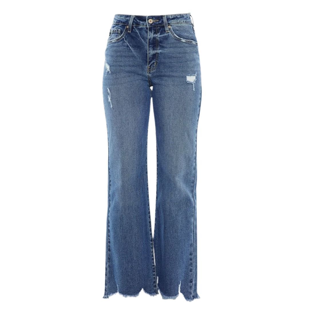 JEANS DE TIRO ALTO Y PIERNA ANCHA  BOTA  DESHEBRADO